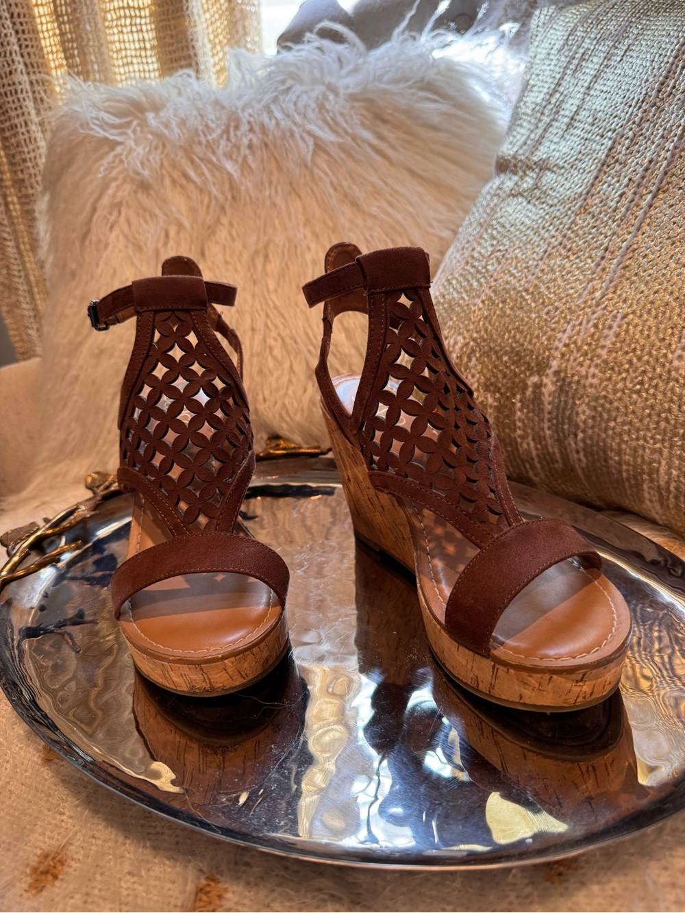 Franco Sarto Brown Laser-Cut Cork Wedge Sandals